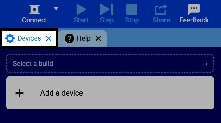 Screenshot of VEXcode's tab bar, with the Devices tab highlighted.