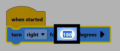 Screenshot of the turn for block's degrees value highlighted, changed to 180.