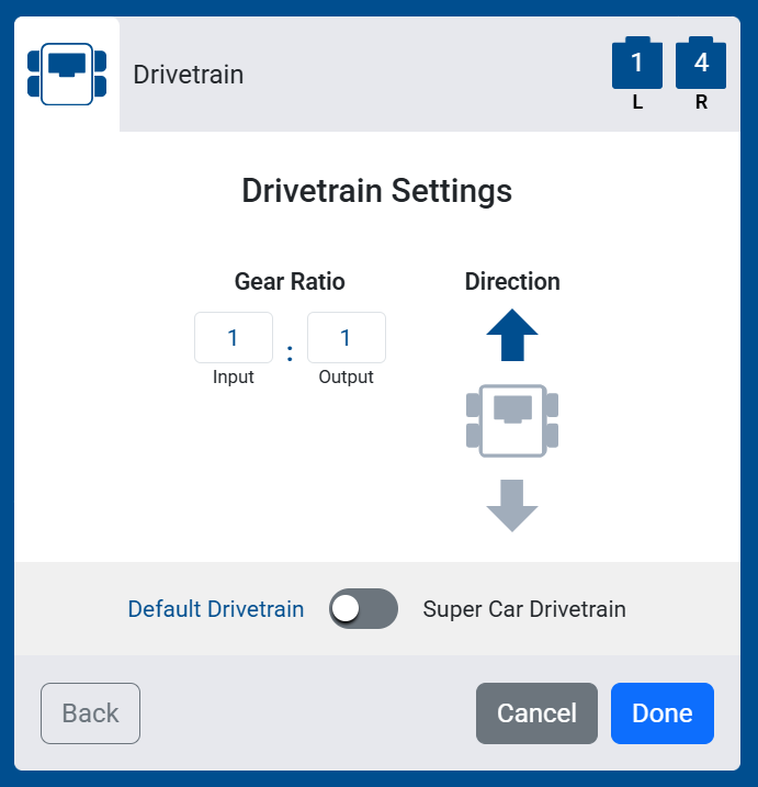 Screenshot of the Drivetrain Settings screen, showing Gear Ratio and Direction options.