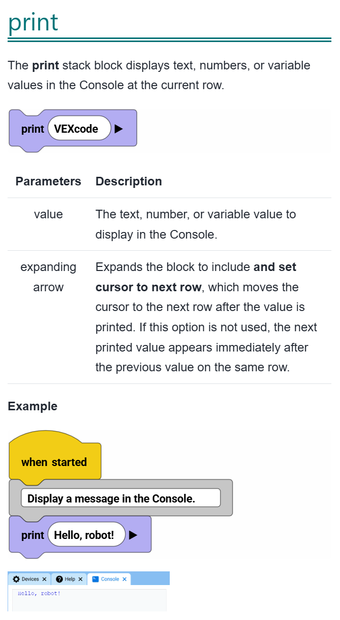 Screenshot of the Help tab showing the print block's Help entry, including its description, parameters, and an example.