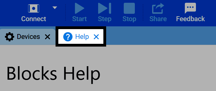 Screenshot of VEXcode with the Help tab highlighted, showing the default Blocks Help message.
