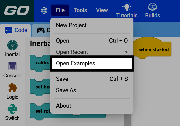 Screenshot of the File menu open, with the Open Examples option highlighted.