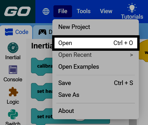 Screenshot of the File menu open, with the Open option highlighted.