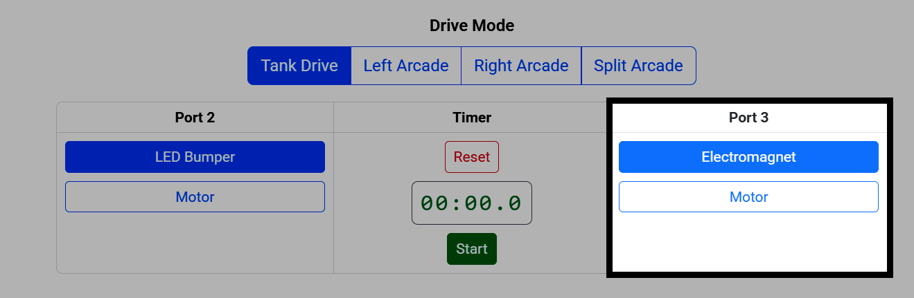 Screenshot of Drive mode, with the Port 3 device selector highlighted, showing Electromagnet and Motor options.