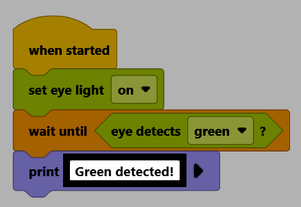 Screenshot of the finished project, with the print block's text set to Green detected!.