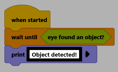 Screenshot of the finished project, with the print block's text set to Object detected!.
