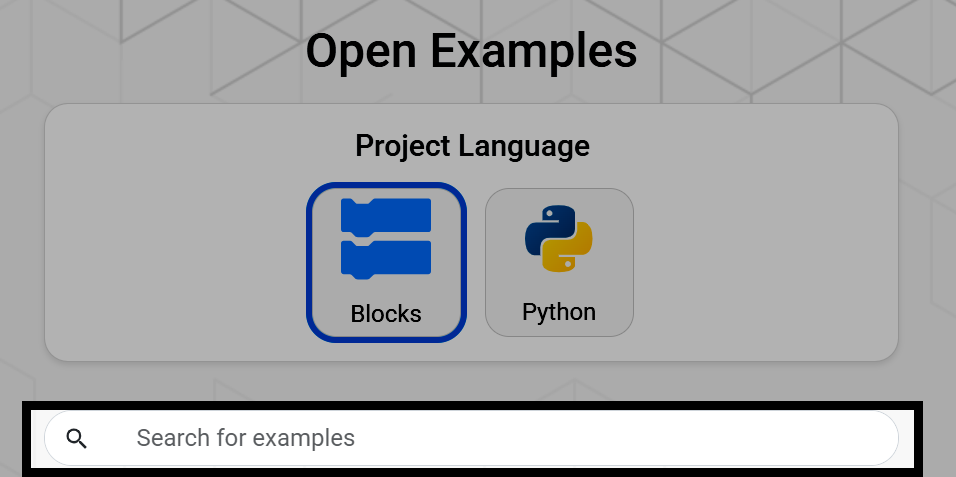Screenshot of the Open Examples page, with the search bar highlighted.