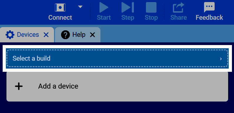 Screenshot of the Devices tab, showing the Select a build button.