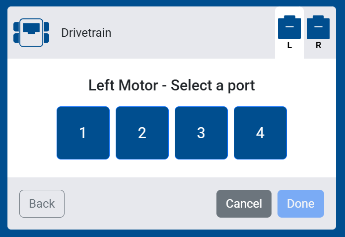 Screenshot of the Left Motor port selection screen, showing ports 1 through 4 to choose from.