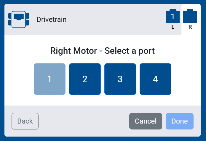 Screenshot of the Right Motor port selection screen, showing ports 1 through 4 to choose from.