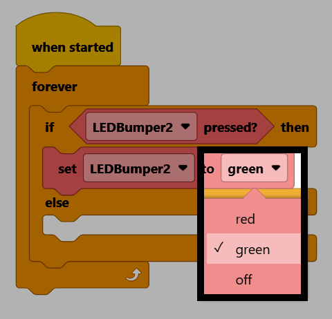 Screenshot of the project, with the if branch's Set Bumper color block's dropdown open, showing red, green, and off options, and green selected.