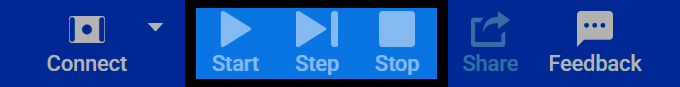Screenshot of the VEXcode GO toolbar, with the Start, Step, and Stop buttons highlighted.