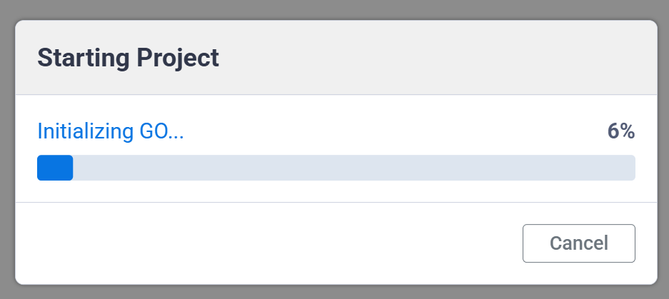 Screenshot of the Starting Project dialog, showing a progress bar as the project initializes on the robot.