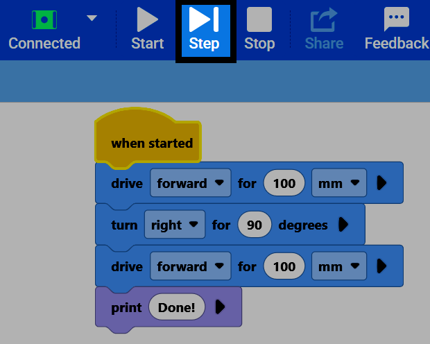 Screenshot of the VEXcode GO toolbar, with the Step button highlighted.