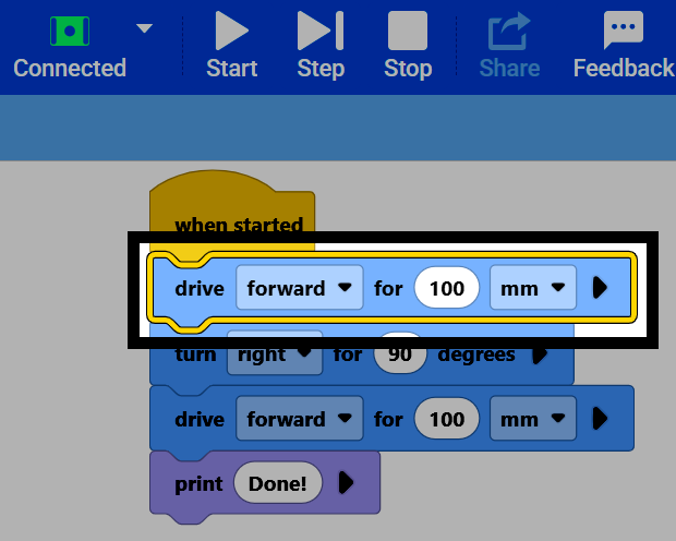 Screenshot of a project in Step mode, with the first drive for block highlighted yellow, showing it's next to run.