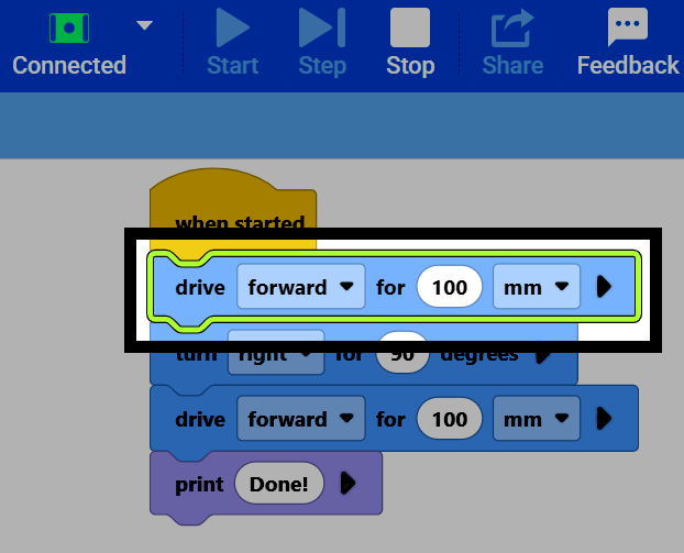 Screenshot of a project in Step mode, with the drive for block highlighted green while it runs.