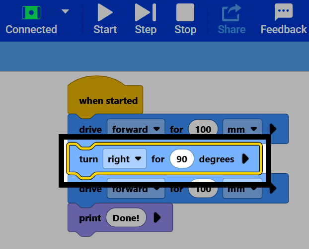 Screenshot of a project in Step mode, with the turn for block highlighted yellow, showing it's next to run.