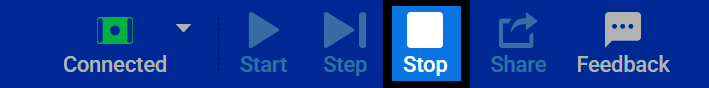 Screenshot of the VEXcode GO toolbar, with the Stop button highlighted.