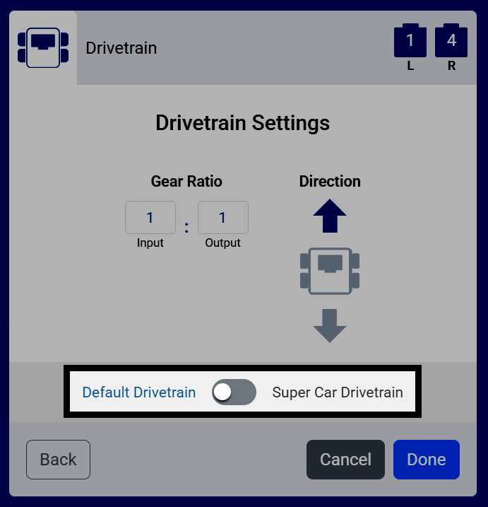 Screenshot of the Drivetrain Settings screen, with the Default Drivetrain and Super Car Drivetrain toggle highlighted.