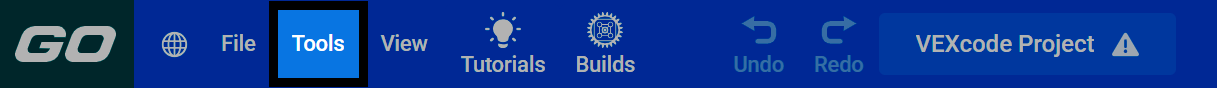 Screenshot of the VEXcode GO toolbar, with the Tools menu highlighted.