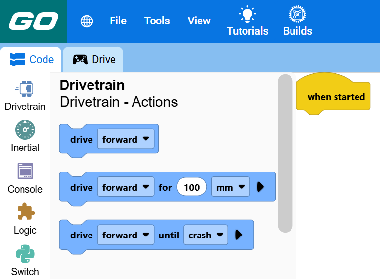 Screenshot of the toolbox with the Drivetrain category open, showing its drive blocks.