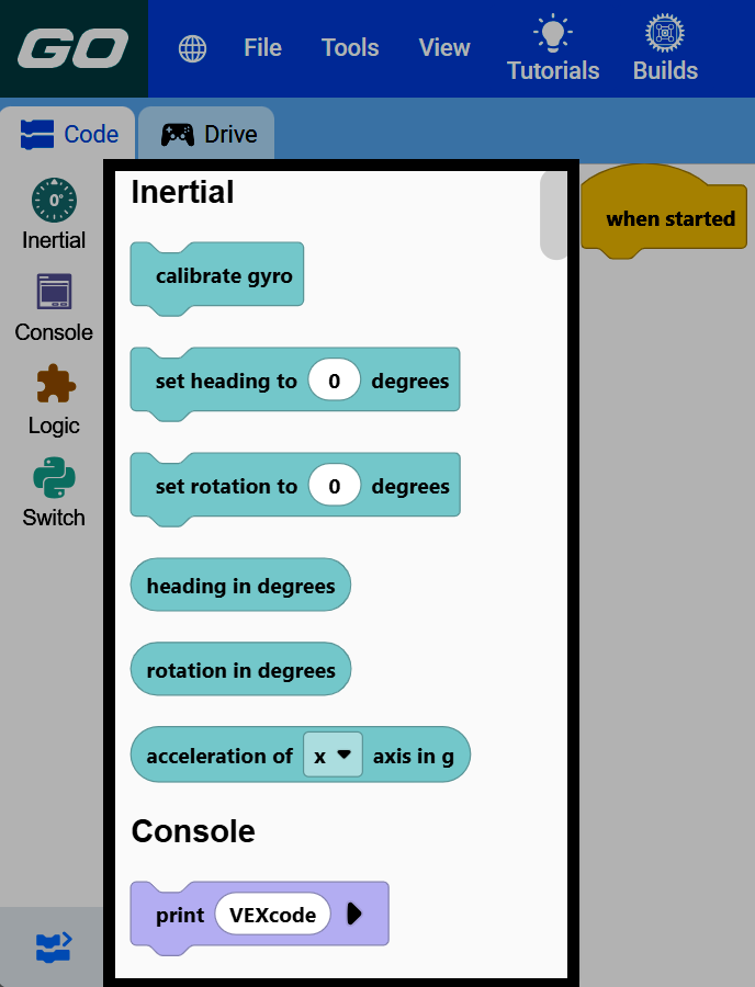 Screenshot of the VEXcode GO window, with the toolbox highlighted, showing the Inertial category's blocks.