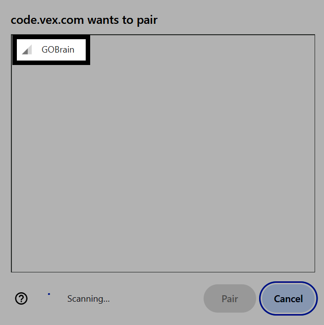 Screenshot of the browser's Bluetooth pairing dialog, with a GOBrain device selected.