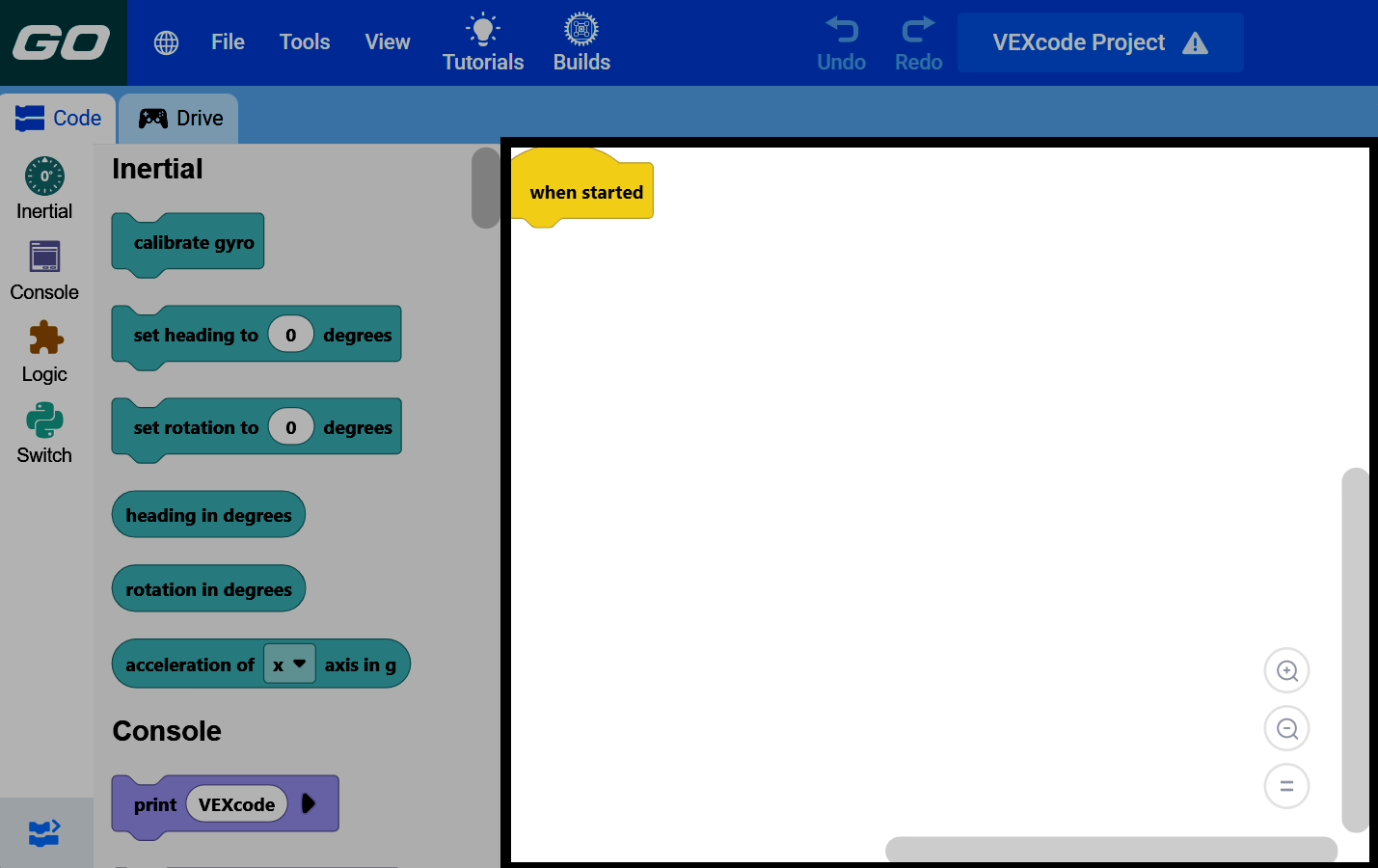 Screenshot of the VEXcode GO window, with the workspace highlighted, showing a when started block and the zoom controls.
