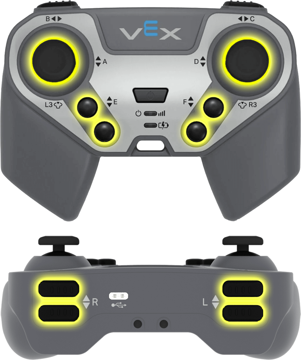 A front and back side view of the IQ 2nd gen Controller with all buttons highlighted yellow. The surface of the controller contains two joystick buttons in the upper left and right corners, with E up and down below the left joystick and F up and down below the right. On the back of the controller are L up and down and R up and down on the left and right sides respectively.