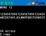 A screenshot of the VEX IQ Brain screen with a series of numbers and letters in Mono 12 font. The letter A-Z are on one line, spanning the width of the screen. The lower left corner indicates 26 characters across and 9 rows.