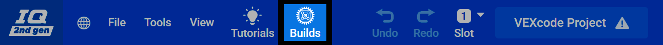 Screenshot of the VEXcode toolbar, with the Builds button highlighted.