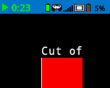A screenshot of the IQ Brain screen with white text near the center of the screen that reads Cut of, with a solid red square directly beneath it, showing what prints in the clip region.