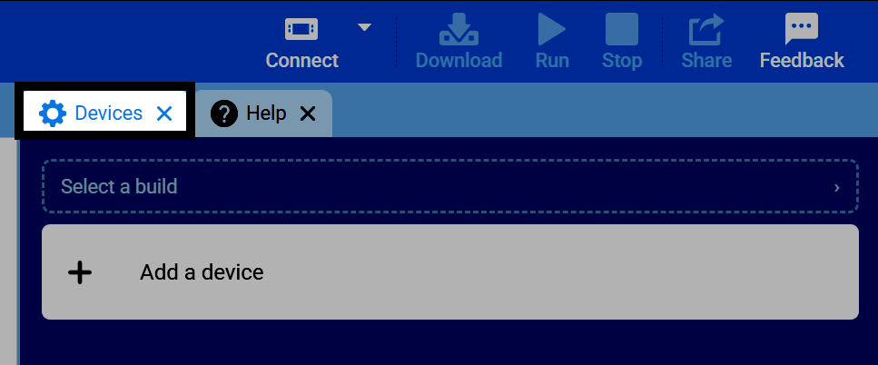 Screenshot of VEXcode with the Devices and Help tabs highlighted.