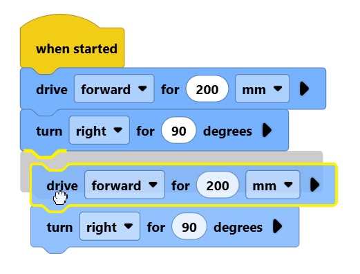 Screenshot of a duplicated drive for and turn for block being dragged below the original blocks.