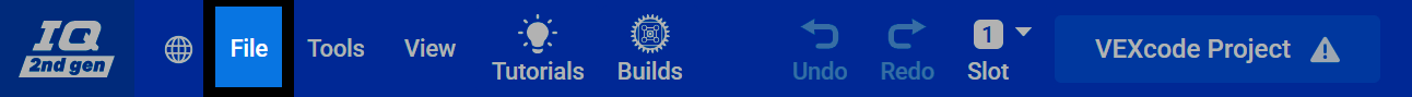 Screenshot of the VEXcode toolbar, with the File menu highlighted.