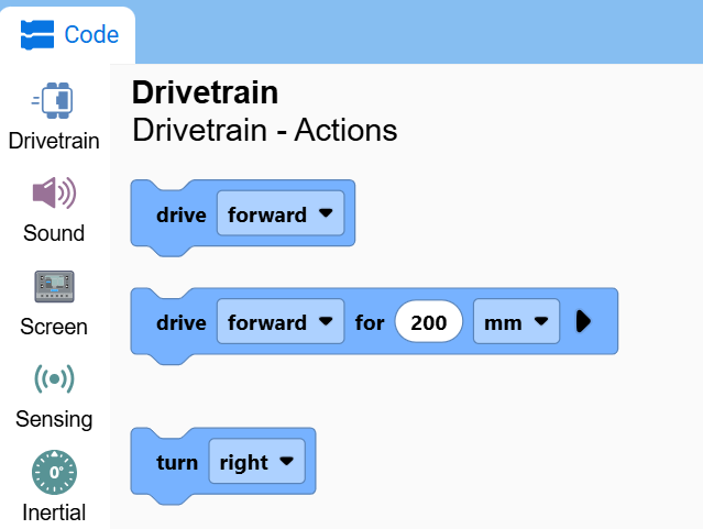 Screenshot of the toolbox with the Drivetrain category open, showing the drive and turn blocks.