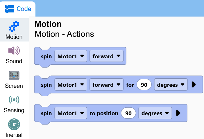 Screenshot of the toolbox with the Motion category open, showing the spin Motor1 blocks.