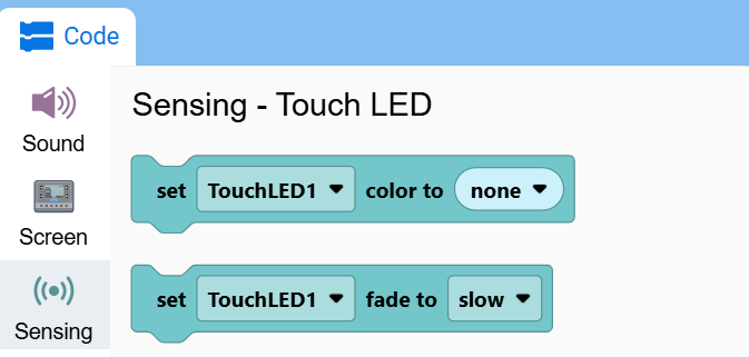 Screenshot of the toolbox with the Sensing category open, showing the Touch LED's set color and set fade blocks.