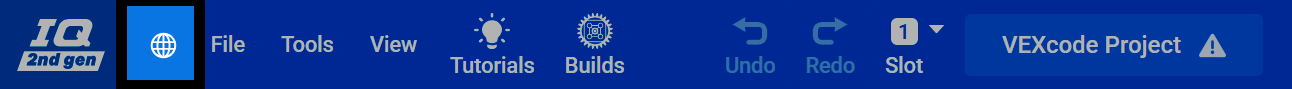 Screenshot of the VEXcode toolbar, with the language switcher icon highlighted.