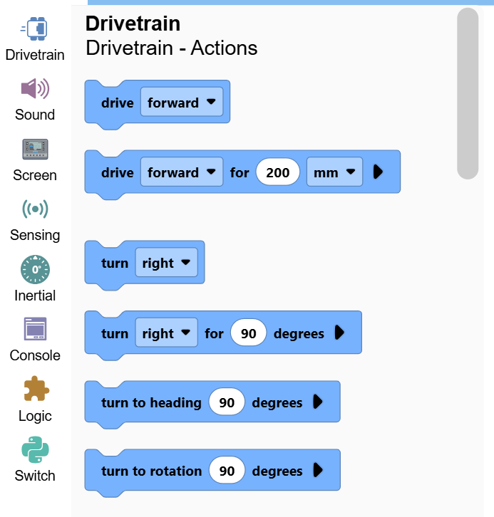 Screenshot of the VEXcode IQ (2nd gen) window, with the toolbox highlighted, showing the Drivetrain category's blocks.