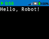 A screenshot of the VEX IQ Brain screen reads Hello, Robot! in white text on the first line.