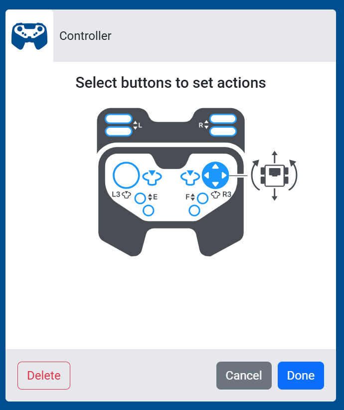 Screenshot of the Select buttons to set actions screen, showing the right joystick set to control the Drivetrain's movement and turning together.