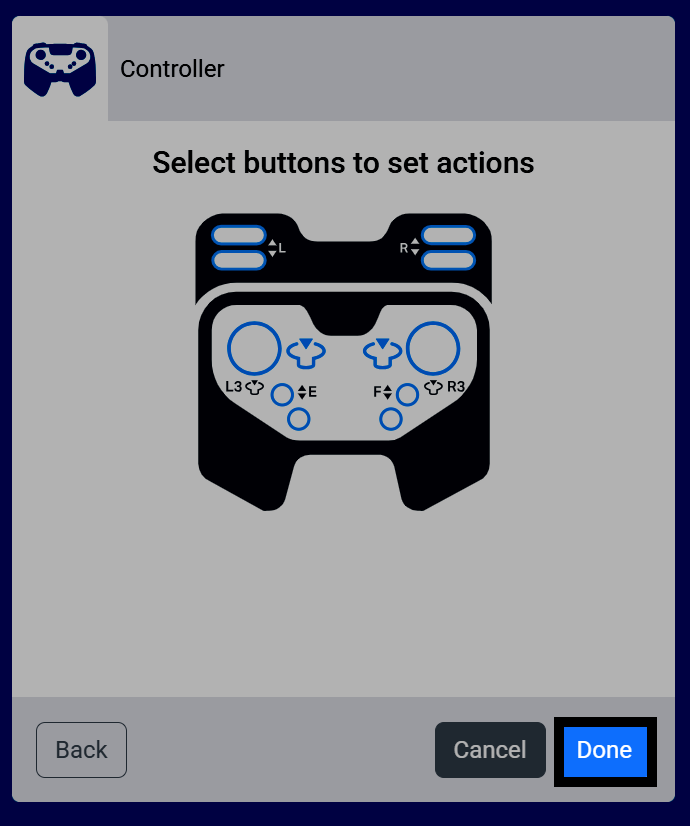 Screenshot of the Select buttons to set actions screen, with the Done button highlighted.