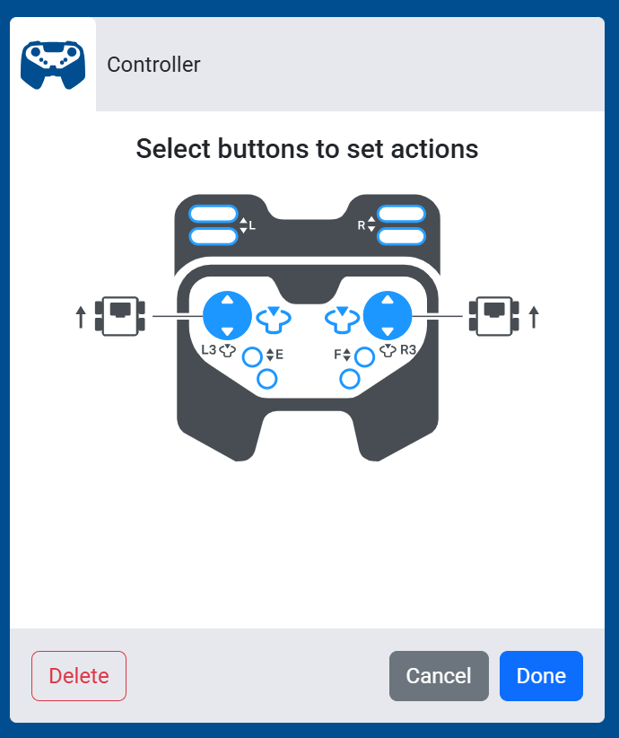 Screenshot of the Select buttons to set actions screen, showing the left and right joysticks each set to control their own side of the Drivetrain.