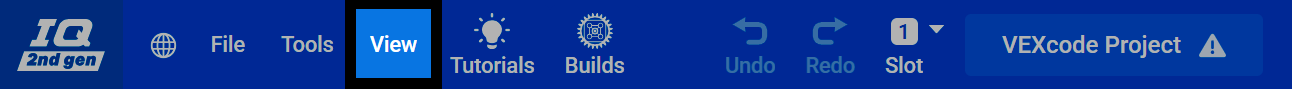 Screenshot of the VEXcode toolbar, with the View menu highlighted.