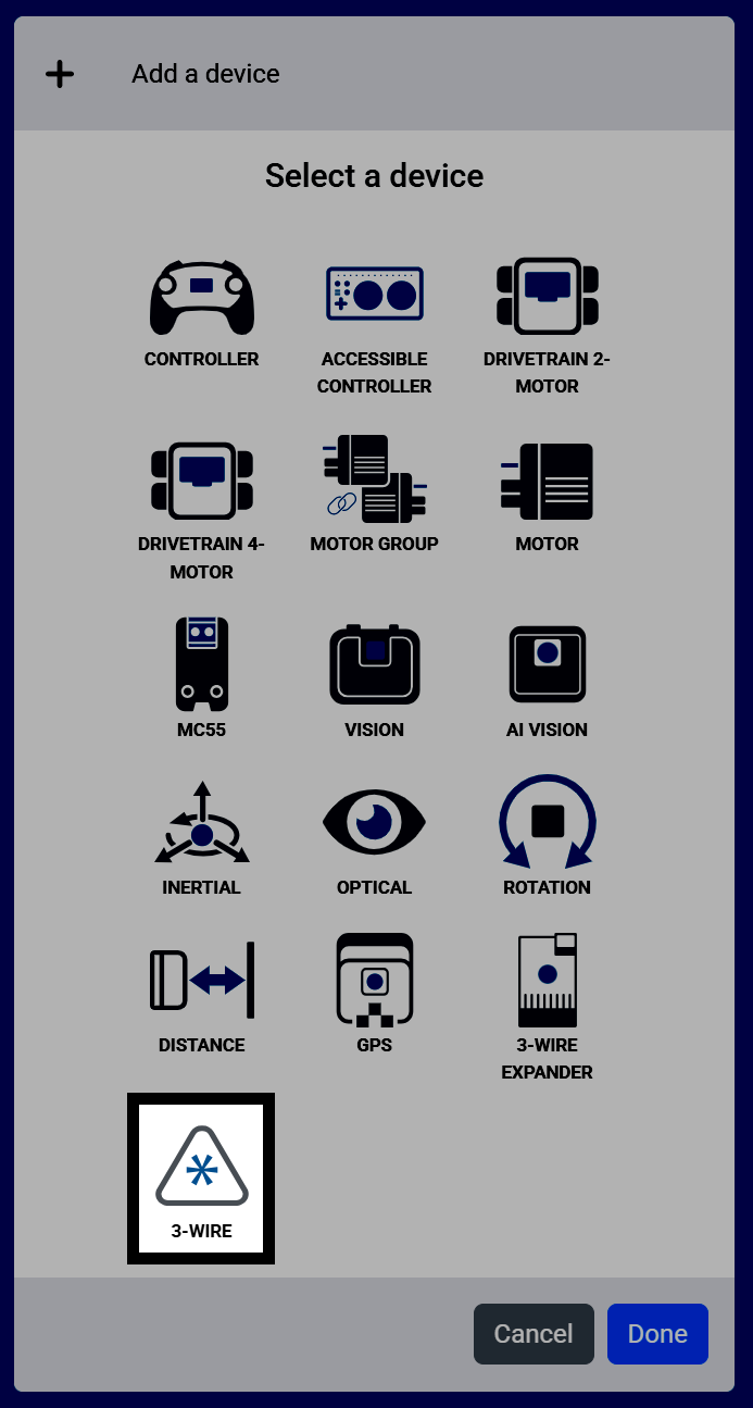 Screenshot of the Select a device screen, with the 3-Wire option highlighted.