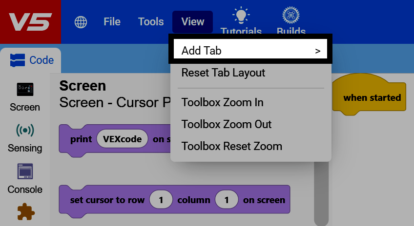 Screenshot of the View menu with Add Tab highlighted.