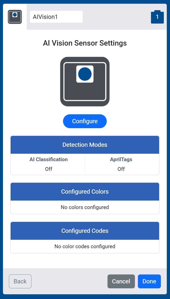 Screenshot of the AI Vision Sensor Settings screen, showing the Configure button, Detection Modes, Configured Colors, and Configured Codes.