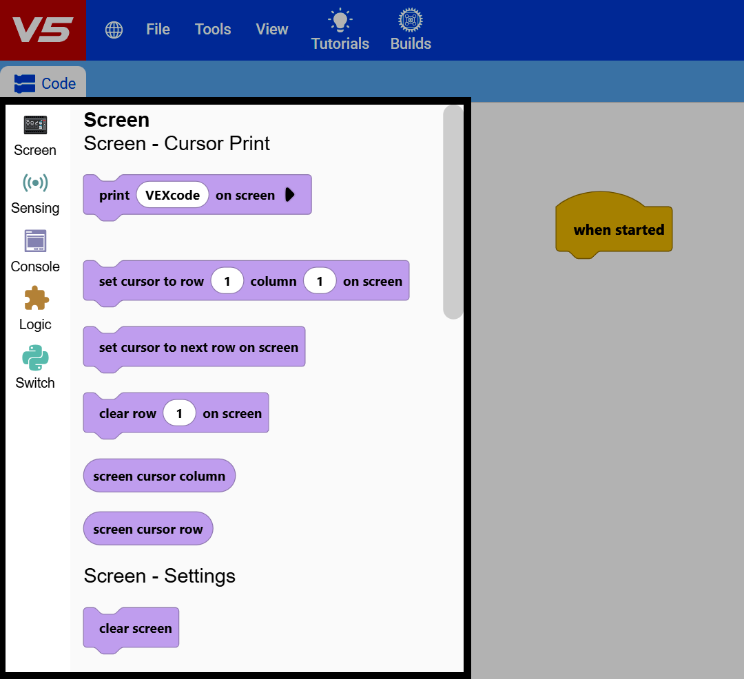 Screenshot of the VEXcode V5 window with the block categories on the left side of the screen highlighted, and the workspace dimmed.