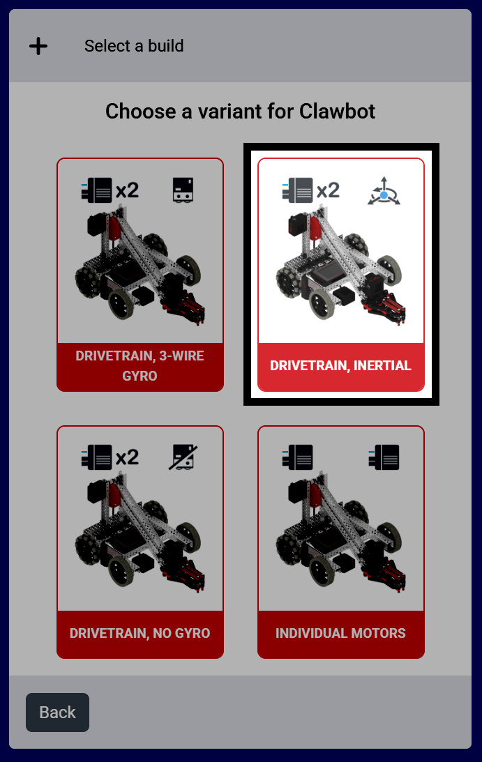 Screenshot of the Choose a variant for Clawbot screen, with the Drivetrain, Inertial variant highlighted among the Drivetrain, 3-Wire Gyro, Drivetrain, No Gyro, and Individual Motors options.